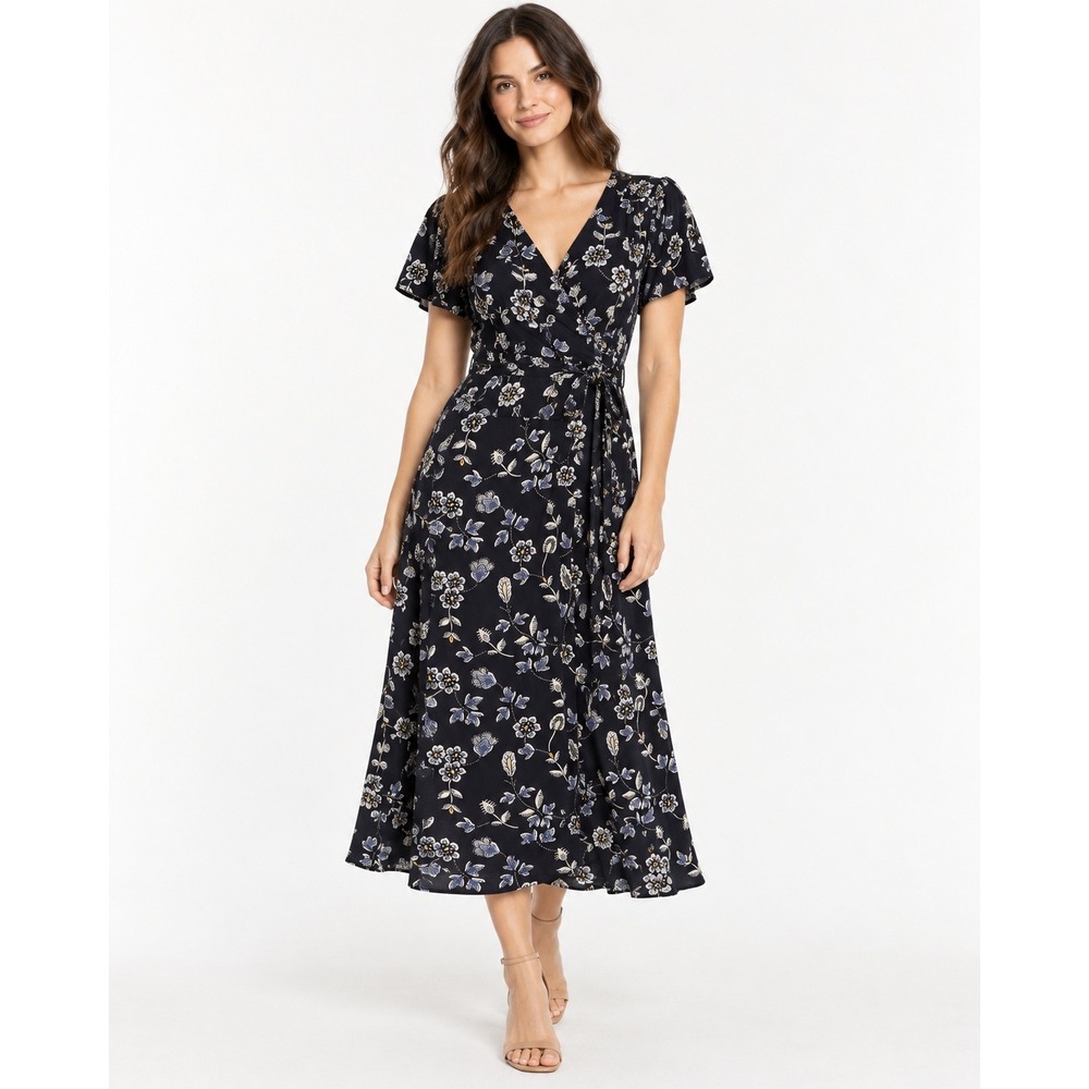 GAP Floral Wrap Midi Dress XS Navy Blue Short Sleeve V-Neck Boho Cottagecore